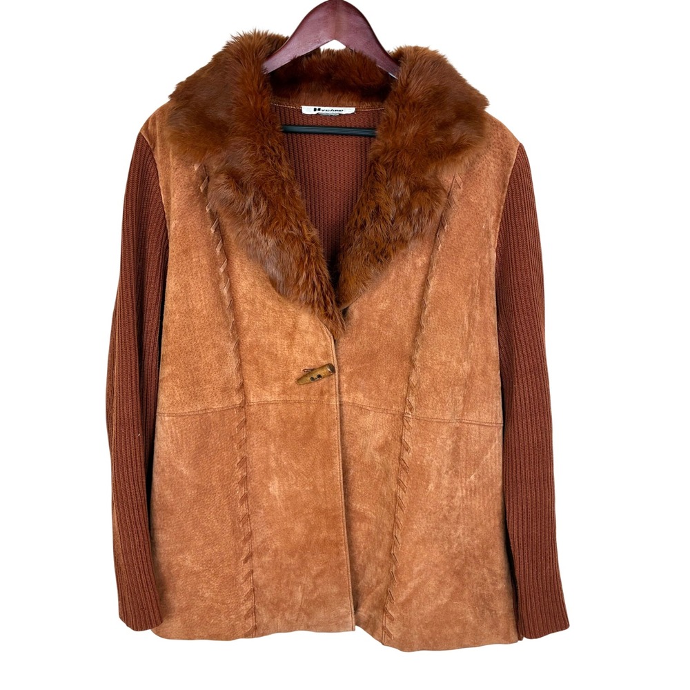Vintage Jacket Sz L Genuine Suede Fur Collar Penny Lane Boho Brown Indie Sleeze